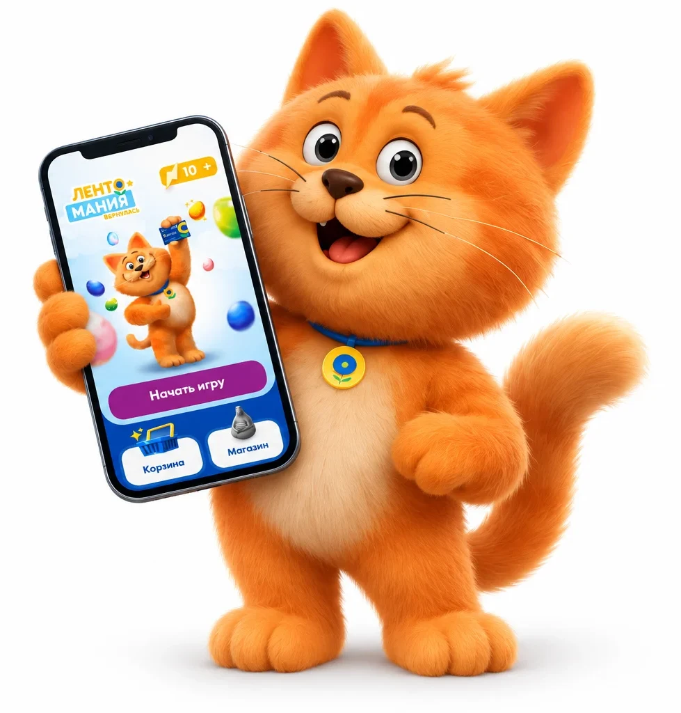 Фирменный рыжий кот Ух с телефоном, на экране — «Лентомания»